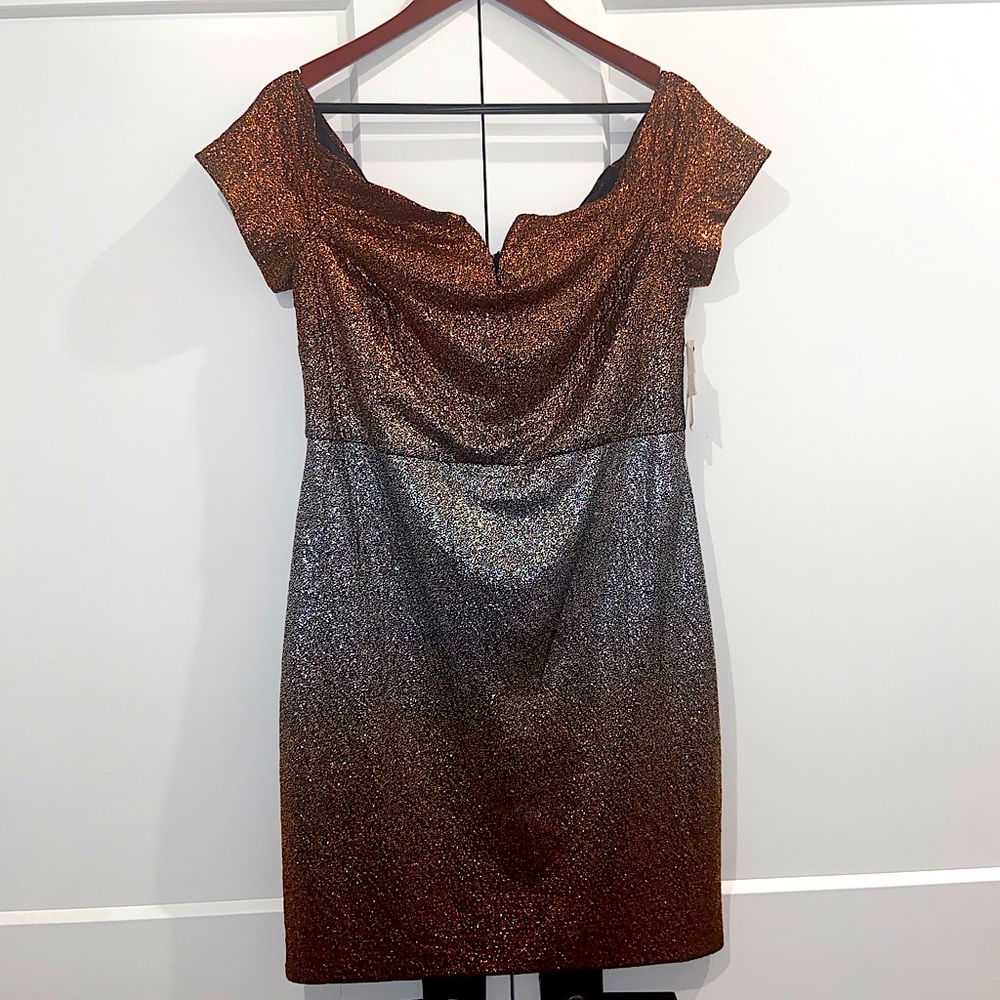 Guess Women’s Silver & Copper Metallic Off Shoulder Dress Size 14
